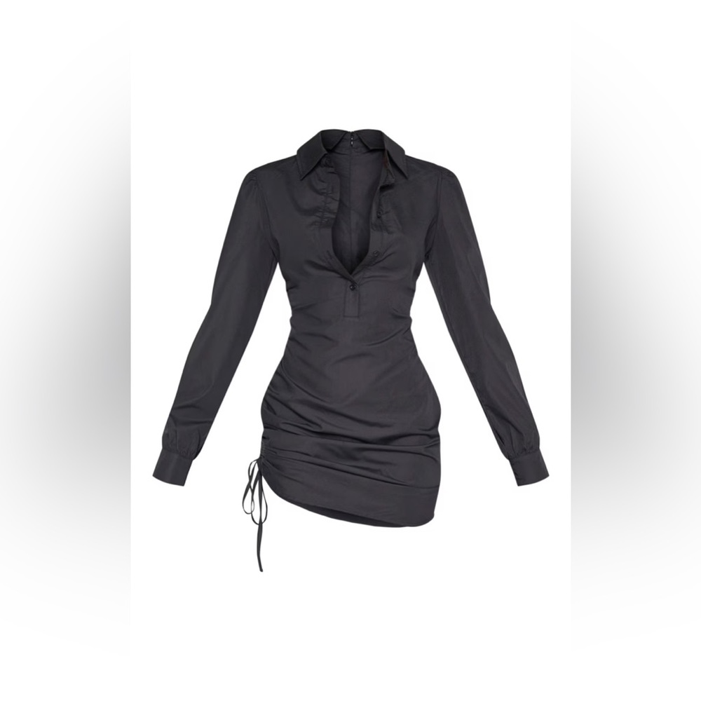 Black Ruched Side Fitted Shirt Dress in Size US 8